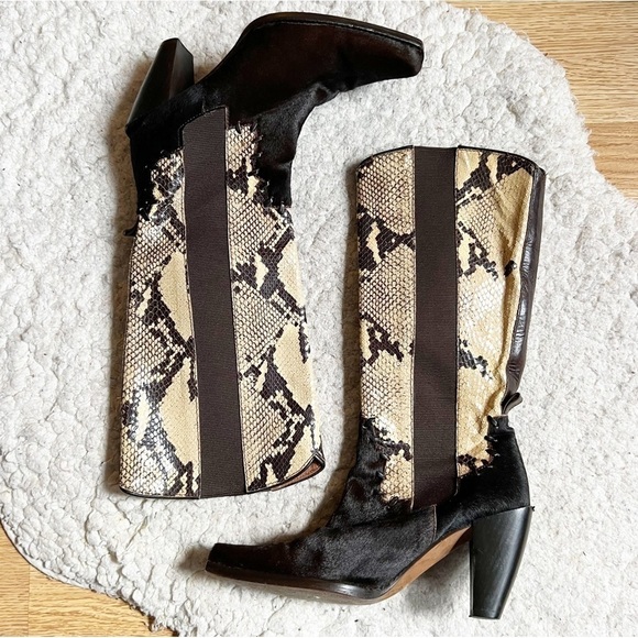 Donald J. Pliner Western Couture Collection Brown Tan Snake Skin Calf Hair Boots